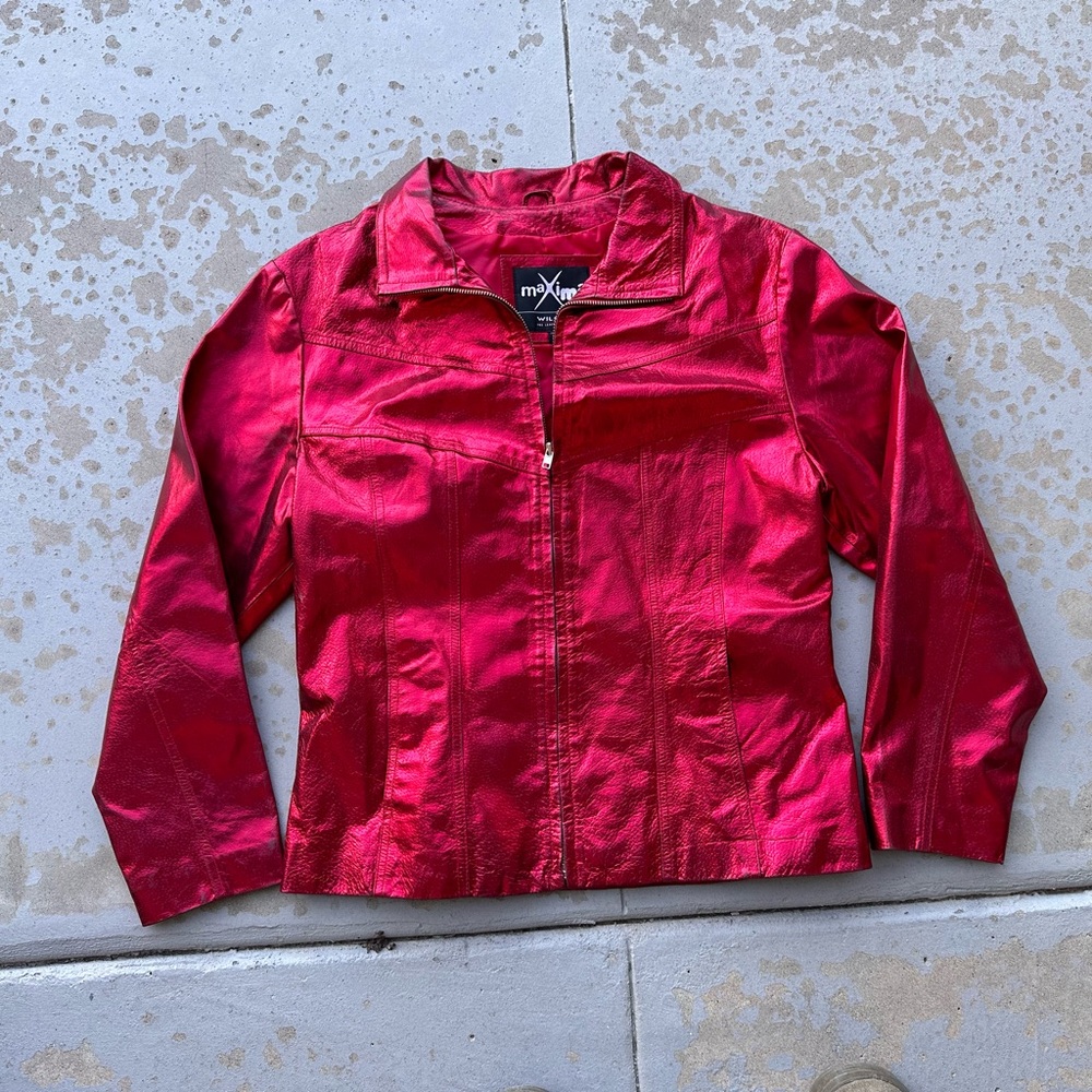 Maxima Wilsons Women's Leather Metallic Red Rock Star Moto Jacket Large Y2K